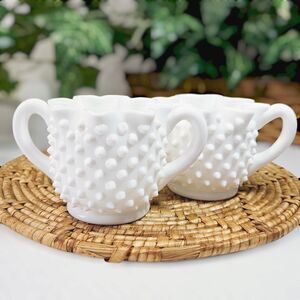 Vtg Fenton Hobnail Milk Glass Star Shaped 3 Inch Creamer & Sugar Bowl Set of 2